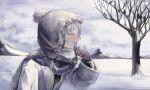  absurdres ambiguous_gender bird blush breath choppy_bangs closed_eyes cloud cloudy_sky fangs from_side grey_hair grey_scarf happy highres mittens mountain multicolored_hair nose_blush open_mouth original profile scarf scenery sky snow solo tree upper_body winter winter_clothes 