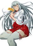  breasts chouun_shiryuu cleavage closed_eyes hakama_skirt ikkitousen japanese_clothes lace lace-trimmed_panties large_breasts long_hair miko panties red_ribbon red_skirt ribbon silver_hair simple_background skirt smile solo underwear white_background white_legwear 