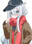  1girl black_headwear black_sailor_collar blue_eyes brown_jacket flat_cap hand_in_pocket hat hibiki_(kancolle) highres jacket kantai_collection long_hair neckerchief red_neckerchief red_scarf sailor_collar scarf school_uniform serafuku shirasu_(sirasuillust) simple_background solo upper_body white_background white_hair 