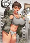  1girl absurdres blush breasts brown_hair calvin_klein camouflage camouflage_jacket clock collarbone combat_helmet dark-skinned_female dark_skin english_commentary english_text engrish_commentary fur-trimmed_jacket fur_trim green_eyes grey_panties grey_sports_bra half-closed_eyes hands_up helmet highres hitch_(perotoss) hood hooded_jacket indoors jacket large_breasts looking_ahead navel open_clothes open_jacket open_mouth original paid_reward_available panties republic_of_korea_army short_hair solo sports_bra steaming_body stomach sweat sweat_stain toned underwear undressing upper_body 