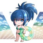  1girl barefoot beach bikini blue_eyes blue_hair chibi full_body green_bikini highres innertube leona_heidern mini_person minigirl navel nmkpsho ocean ponytail sand solo striped striped_bikini swimsuit the_king_of_fighters 