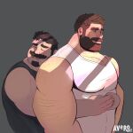  2boys avero_art back_hair bara beard comforting couple facial_hair full_beard hairy height_difference highres hug hug_from_behind large_pectorals male_focus mature_male multiple_boys muscular muscular_male original pectoral_cleavage pectorals plump sad shadow short_hair sparse_chest_hair sunlight tank_top thick_beard thick_mustache upper_body white_tank_top yaoi 