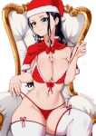  1girl absurdres aqua_eyes armchair bikini black_hair bow breasts capelet chair closed_mouth elpipe_3000 fur-trimmed_bikini fur-trimmed_headwear fur_trim hat highres large_breasts long_hair navel nico_robin one_piece pom_pom_(clothes) red_bikini red_bow red_capelet red_headwear santa_bikini santa_hat simple_background sitting smile solo stomach swimsuit thighhighs white_background white_thighhighs 