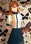  arms_behind_back bangs bug butterfly expressionless insect keishin long_hair looking_at_viewer mole mole_under_eye moth orange_hair original pinned red_eyes shadow short_sleeves skirt solo 