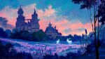  artist_name blue_sky building castle cloud commentary deer english_commentary evening fantasy flock from_side glowing glowing_animal grass landscape meadow no_humans orange_clouds original outdoors scenery simple_bird sky sylvain_sarrailh tree 