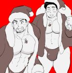  2boys abs bara blush_stickers briefs bulge christmas christmas_tree_necklace feet_out_of_frame fur-trimmed_headwear fur_trim gift goatee_stubble hat highres holding holding_sack hoshieda_(hoshinoedao) large_bulge large_pectorals looking_ahead male_focus male_underwear mature_male multiple_boys muscular muscular_male mustache_stubble navel old old_man original pectoral_cleavage pectorals red_background red_theme sack santa_costume santa_hat short_hair sock_necklace solid_oval_eyes sparse_stubble stomach thick_thighs thighs underwear 