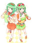  2girls absurdres argyle_cardigan belt blush boots breasts brooch cardigan choker cleavage cropped_jacket dress dual_persona frilled_shirt_collar frills goggles goggles_on_head green_eyes green_hair gumi hairband hand_on_headphones headphones high_heels highres holding holding_microphone holding_notebook holding_pencil jewelry long_sleeves looking_at_viewer microphone multiple_girls nail_polish notebook one_eye_closed open_mouth pencil rooibos short_hair_with_long_locks skirt smile standing standing_on_one_leg star_(symbol) strapless tube_top vocaloid 