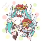  1girl black_footwear blue_eyes blue_hair blush_stickers bow capelet character_name digimon digimon_(creature) full_body gloves hatsune_miku highres hotate_oishii mask musical_note open_mouth red_bow red_gloves shorts sirenmon twintails vocaloid white_capelet white_gloves white_shorts wings 