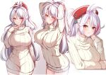  1girl absurdres alternate_costume antenna_hair arms_behind_head arms_up azur_lane blush breasts brown_eyes brown_sweater closed_mouth commentary_request dress gradient_background grey_background grey_hair hair_between_eyes hand_up headgear highres large_breasts long_hair long_sleeves looking_at_viewer motion_lines moyoron multicolored_hair multiple_views orange_eyes parted_bangs prinz_eugen_(azur_lane) puffy_long_sleeves puffy_sleeves red_hair ribbed_sweater simple_background sleeves_past_wrists smile streaked_hair sweater sweater_dress thighhighs turtleneck turtleneck_sweater upper_body very_long_hair white_background white_hair white_sweater white_thighhighs 