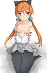  1girl alisa_southerncross animal_ears arms_behind_back bdsm black_legwear blush bondage bound breasts cat_ears fake_animal_ears female hair_bobbles hair_ornament keroro_gunsou long_hair nebula_(keroro) nipples off_shouder off_shoulder open_clothes orange_hair pantyhose red_eyes rope shirt simple_background sitting skirt tied_up twintails unbuttoned uumaru1869 