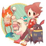  1boy amano_keita bat blue_fire blush brown_hair cat cherry chiyoko_(oman1229) closed_eyes commentary_request fire food fruit ghost haramaki hikikoumori ice_cream ice_cream_cone ice_cream_scoop jibanyan licking_lips multiple_tails notched_ear open_mouth purple_lips sandals short_hair single_scoop sweat tail tail-tip_fire tank_top tongue tongue_out too_many too_many_scoops two_tails whisper_(youkai_watch) youkai youkai_watch 