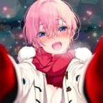  1girl :d blue_eyes breasts cleavage coat duffel_coat fur-trimmed_coat fur_trim go-toubun_no_hanayome hair_between_eyes looking_at_viewer meme mittens nakano_ichika nununu_(nununu386) open_clothes open_coat open_mouth pink_hair pov_cheek_warming_(meme) reaching reaching_towards_viewer red_mittens red_scarf scarf short_hair simple_background smile solo upper_body white_coat winter_clothes 