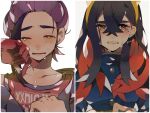  1boy 1girl absurdres black_hair blue_jacket blush brother_and_sister buttons carmine_(pokemon) clenched_teeth colored_inner_hair crossed_bangs crying crying_with_eyes_open eyelashes hair_between_eyes hairband highres jacket kawasaki_(kwsk_8765) kieran_(pokemon) long_hair long_sleeves looking_at_viewer mole mole_under_eye multicolored_hair pokemon pokemon_sv red_hair siblings solo tears teeth two-tone_hair yellow_eyes yellow_hairband 