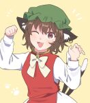  1girl ;d animal_ear_fluff animal_ear_piercing animal_ears bow bowtie brown_eyes brown_hair cat_ears cat_tail chen commentary_request earrings green_headwear hair_between_eyes hands_up hat highres jewelry light_blush long_sleeves looking_at_viewer mob_cap multiple_tails nekomata notice_lines one_eye_closed orange_background paw_pose puffy_long_sleeves puffy_sleeves red_vest sakic43899 short_hair simple_background single_earring smile solo tail touhou two_tails upper_body vest white_bow white_bowtie 