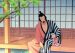  2boys black_eyes black_hair closed_eyes closed_mouth commentary_request facial_hair full_body goatee hasami_(hasami25) high_ponytail japanese_clothes kimono kinemon long_sideburns male_focus momonosuke_(one_piece) multiple_boys one_piece open_mouth outdoors ponytail short_hair sideburns sitting sleeping smile topknot 