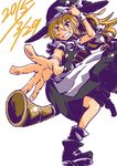 blonde_hair bow braid broom broom_riding dated grin hair_bow hat highres kirisame_marisa long_hair sidesaddle sketch smile solo the_maa touhou witch_hat yellow_eyes 