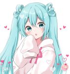  1girl blue_eyes blue_hair blush cupcake food hairstyle_request hand_up hatsune_miku heart hood hoodie kokoshira_0510 long_hair looking_at_viewer open_mouth polka_dot polka_dot_ribbon ribbon sleeves_past_fingers sleeves_past_wrists solo twintails upper_body very_long_hair vocaloid 