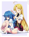  2girls asia_argento blonde_hair blue_eyes blue_hair brown_headwear brushing_another&#039;s_hair brushing_hair closed_eyes closed_mouth collared_shirt commentary_request crossover date_a_live dress frilled_dress frills hair_between_eyes hair_brush hat high_school_dxd highres holding holding_clothes holding_hat lindaroze long_hair multiple_girls no_shoes parted_bangs pleated_skirt puffy_short_sleeves puffy_sleeves purple_background purple_skirt shirt short_sleeves skirt socks two-tone_background unworn_hat unworn_headwear very_long_hair watermark web_address white_background white_dress white_shirt white_socks yoshino_(date_a_live) 