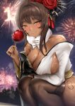  1girl absurdres bare_shoulders black_kimono black_thighhighs blush breasts brown_hair candy_apple dark-skinned_female dark_skin detached_collar facial_tattoo fireworks flower food fur_collar goddess_of_victory:_nikke highres holding holding_food japanese_clothes kimono large_breasts leg_tattoo looking_at_viewer multicolored_clothes multicolored_kimono noir_(black_rabbit)_(nikke) noir_(nikke) off_shoulder official_alternate_costume outdoors red_flower ryuvie smile solo tattoo thighhighs white_kimono 