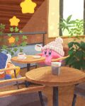  :d beanie blue_headwear cafe ceiling_light chair coffee_mug cup hat highres holding holding_cup indoors kirby kirby_(series) miclot mug no_humans open_mouth plant saucer sitting smile star_(symbol) table waddle_dee white_headwear window 