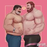  2boys absurdres arm_hair avero_art bara beard beard_stubble belly-to-belly big_belly blush brown_hair chest_hair couple facial_hair fat feet_out_of_frame from_side full_beard hairy heart highres large_pectorals male_focus mature_male multiple_boys muscular muscular_male navel_hair nipple_hair nipples nose_piercing nose_ring orange_hair original pectorals piercing pink_background plump profile shared_thought_bubble short_hair shy sparse_chest_hair spoken_heart thick_beard thick_eyebrows thick_mustache thought_bubble yaoi 