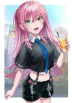  1girl absurdres aikawa_megumi collared_shirt cowboy_shot crop_top cup day disposable_cup drink drinking_straw green_eyes heaven_burns_red highres holding holding_drink latex_shorts long_hair looking_at_viewer midriff navel necktie nil_(pixiv_53614557) open_mouth outdoors pink_hair shirt short_sleeves shorts sky smile solo suspenders two_side_up very_long_hair 