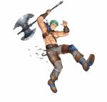  1boy armor axe brown_footwear clenched_teeth dieck_(fire_emblem) fire_emblem fire_emblem:_the_binding_blade fire_emblem_heroes green_eyes green_hair grey_pants holding holding_axe mikurou_(nayuta) muscular muscular_male official_art pants pauldrons shoulder_armor single_pauldron solo teeth topless_male torn_clothes 