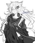  1girl absurdres animal_ears arknights artist_name closed_mouth coat cowboy_shot expressionless greyscale hair_between_eyes hair_ornament hairclip hands_in_pockets hatching_(texture) highres itonatsu lappland_(arknights) linear_hatching long_hair long_sleeves looking_at_viewer messy_hair midriff_peek monochrome scar scar_across_eye signature sketch solo split_mouth unfinished very_long_hair wind wolf_ears wolf_girl 