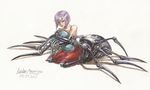  2015 arachne artist_name bare_shoulders bug dated dress extra_eyes hug insect_girl lady_marrigan monster_girl monster_musume_no_iru_nichijou rachnera_arachnera red_dress red_eyes short_hair silver_hair simple_background sitting solo spider spider_girl traditional_media watercolor_(medium) 