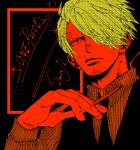  1boy black_eyes black_necktie blonde_hair character_name cigarette closed_mouth commentary_request curly_eyebrows facial_hair formal hair_over_one_eye highres holding holding_cigarette larugo0513 male_focus necktie one_eye_covered one_piece sanji_(one_piece) short_hair smoke solo suit 