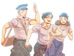  1girl 2boys :d arm_up artist_request bad_id bad_pixiv_id bag black_hair blonde_hair blush closed_eyes cowboy_shot cross_scar glasses hair_ribbon happy hat holding holding_bag kawabuchi_sentarou looking_at_another military_hat mukae_ritsuko multiple_boys nishimi_kaoru one_eye_closed ribbon running sakamichi_no_apollon scar scar_on_cheek scar_on_face school_bag shirt short_hair short_twintails simple_background smile striped striped_shirt twintails white_background 