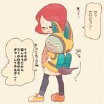  animal_ears blush bunny_ears chiyoko_(oman1229) closed_eyes commentary_request glasses helmet leggings misora_inaho open_mouth red_hair short_hair simple_background spacesuit speech_bubble translation_request usapyon youkai youkai_watch youkai_watch_3 
