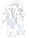  2boys alternate_costume arm_around_shoulder collared_shirt cropped_legs earrings fate/grand_order fate_(series) fu_rori fujimaru_ritsuka_(male) grin hair_between_eyes jacket jewelry kadoc_zemlupus light_blush looking_at_viewer male_focus messy_hair monochrome multiple_boys necktie open_clothes open_jacket pants shirt simple_background sketch smile suit sweat v 