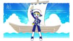  1boy black_socks blue_pants blue_shirt border bow hotate_oishii index_finger_raised kagamine_len male_focus midriff_peek open_mouth pants sailor ship shirt short_hair socks solo translation_request vocaloid watercraft white_border white_bow white_footwear white_headwear 