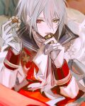  1boy absurdres chocolate food grey_hair heterochromia highres holding holding_food jacket mahoutsukai_no_yakusoku male_focus multicolored_clothes multicolored_jacket open_mouth owen_(mahoutsukai_no_yakusoku) red_eyes red_jacket shindoi_(yuiyui316) short_hair smile solo white_jacket yellow_eyes 