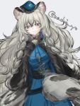  1girl absurdres animal_ear_fluff animal_ears arknights black_cape blue_dress blue_headwear blush braid breasts bright_pupils cape cowboy_shot dress dutch_angle grey_eyes grey_hair hair_between_eyes highres leopard_ears leopard_girl leopard_tail long_hair looking_at_viewer official_alternate_costume pramanix_(arknights) pramanix_(caster&#039;s_frost)_(arknights) side_braids simple_background sketch small_breasts smile solo tail twitter_username wachi_(wachi_yo) white_background white_pupils 