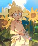  1boy :o ahoge bare_arms blonde_hair clemont_(pokemon) cloud commentary_request day dedenne flower glasses grey_eyes highres jumpsuit jumpsuit_around_waist male_focus open_mouth outdoors pokemon pokemon_(creature) pokemon_xy round_eyewear shirt sky suikaels sunflower tank_top white_shirt 