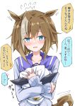  1girl animal_ears blush cheval_grand_(umamusume) collarbone commentary_request hair_between_eyes hair_ornament hand_on_own_chest hat horse_ears horse_girl horse_tail hugging_object looking_at_viewer medium_hair nodachi_(artist) school_uniform solo sweat tail translation_request umamusume white_background 