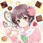  1girl absurdres blush brown_eyes brown_hair center_frills checkerboard_cookie chocolate coffee cookie cup earrings flower food frilled_shirt_collar frills hair_flower hair_ornament heart heart-shaped_pupils heart_earrings highres holding holding_cup jewelry lavie_(cestbonlavie) looking_at_viewer neck_ribbon original polka_dot polka_dot_background puffy_short_sleeves puffy_sleeves ribbon short_hair short_sleeves smile solo striped striped_background symbol-shaped_pupils teacup upper_body 