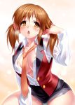  breasts brown_eyes brown_hair chestnut_mouth cleavage idolmaster idolmaster_cinderella_girls large_breasts necktie open_clothes open_mouth open_shirt pencil_skirt royale_style_(idolmaster) scrunchie shirt skirt solo totoki_airi twintails zen 