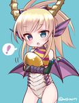  1girl :o animal_ears bangs blonde_hair blue_background blue_eyes blue_sonia_(p&amp;d) dragon_ears dragon_girl dragon_horns dragon_wings egg elbow_gloves fingerless_gloves gloves gold_egg_(p&amp;d) holding horns marshmallow_mille purple_eyes puzzle_&amp;_dragons scales simple_background solo spoken_exclamation_mark twitter_username vambraces wings 
