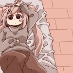  1girl antenna_hair arm_up blanket brown_skirt dot_mouth from_above grey_sweater long_hair long_skirt looking_at_viewer lowres lying oekaki on_back on_bed original pillow pink_hair rottedchun skirt solo sweater tile_floor tiles 