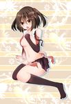  bangs black_legwear blush brown_eyes brown_hair elbow_gloves gloves hair_ornament highres izumo_ayuka kantai_collection mismatched_legwear navel open_clothes open_mouth open_shirt remodel_(kantai_collection) sendai_(kantai_collection) shirt short_hair skirt solo torn_clothes two_side_up 