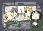  4girls alcohol chito_(shoujo_shuumatsu_ryokou) coat cup fur_trim glowstick green_coat green_pants highres idol karaoke microphone military military_uniform multiple_girls music non-web_source pants shoujo_shuumatsu_ryokou singing television uniform yuuri_(shoujo_shuumatsu_ryokou) 