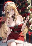  1girl bare_shoulders blonde_hair blue_eyes breasts christmas cleavage collarbone dress drill_hair drill_sidelocks fur-trimmed_dress fur_trim genshin_impact hat helloimtea highres jewelry large_breasts long_hair looking_at_viewer navia_(genshin_impact) red_headwear santa_dress santa_hat sidelocks solo very_long_hair 
