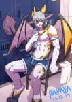 2023 anthro bulge clothed clothing dated dragon grey_hair grey_markings hair hi_res horn inside locker_room looking_at_viewer male markings membrane_(anatomy) membranous_wings muscular muscular_anthro muscular_male open_mouth orange_eyes papayafurry pink_wings pupils signature sitting slit_pupils solo topless towel_on_shoulder white_body wings yellow_horn yellow_markings yellow_wings