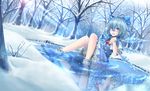  bathing blue_dress blue_eyes blue_hair cirno dress forest highres ice ice_wings looking_at_viewer md5_mismatch mochi_(chain_csn) nature pond puffy_short_sleeves puffy_sleeves reflection shirt short_sleeves snow snowing solo touhou wings winter 