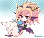  &gt;_&lt; animal animal_ears bangs bare_legs barefoot blonde_hair blue_dragon_(p&amp;d) blue_eyes blue_sonia_(p&amp;d) closed_eyes dragon dragon_ears dragon_girl dragon_horns dragon_tail dragon_wings elbow_gloves fingerless_gloves gloves head_fins heterochromia holding holding_animal horn horns jitome marshmallow_mille purple_eyes puzzle_&amp;_dragons soles solo_focus tail toes twitter_username vambraces wings 