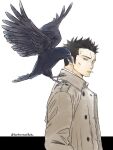  1boy animal animal_on_shoulder bird black_eyes black_hair brown_jacket collared_jacket crow jacket jujutsu_kaisen kenkonaseikatu kusakabe_atsuya male_focus mouth_hold short_hair simple_background solo twitter_username white_background 