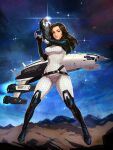  1girl belt blue_eyes bodysuit breasts brown_hair commission commissioner_upload gun highres holding holding_gun holding_weapon mass_effect_(series) mass_effect_2 miranda_lawson normandy_sr-2 sky solo space spacecraft star_(sky) starry_sky stup-jam weapon white_bodysuit 